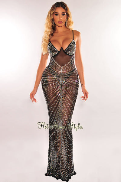 Black Mesh Rhinestone Underwire Mermaid Gown - Hot Miami Styles