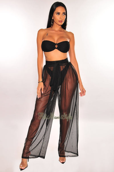 Black Mesh Sheer Belted High Waist Palazzo Pants Cover Up - Hot Miami Styles