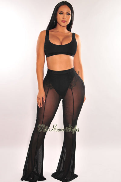 Black Mesh Sheer High Waist Flare Cover Up Pants - Hot Miami Styles