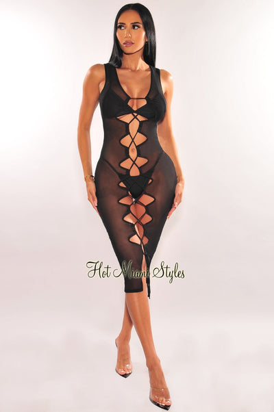 Black Mesh Sheer Lace Up Sleeveless Cover Up Dress - Hot Miami Styles