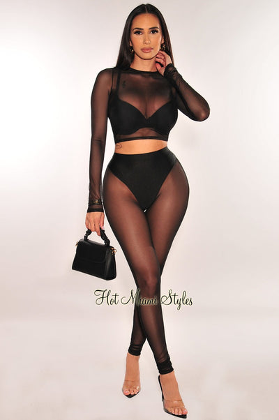 Black Mesh Sheer Long Sleeve High Waist Pants Two Piece Set - Hot Miami Styles