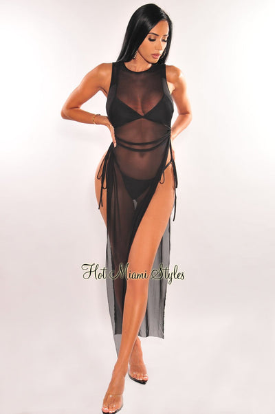 Black Mesh Sheer Sleeveless Drawstring Side Slits Cover Up Dress - Hot Miami Styles