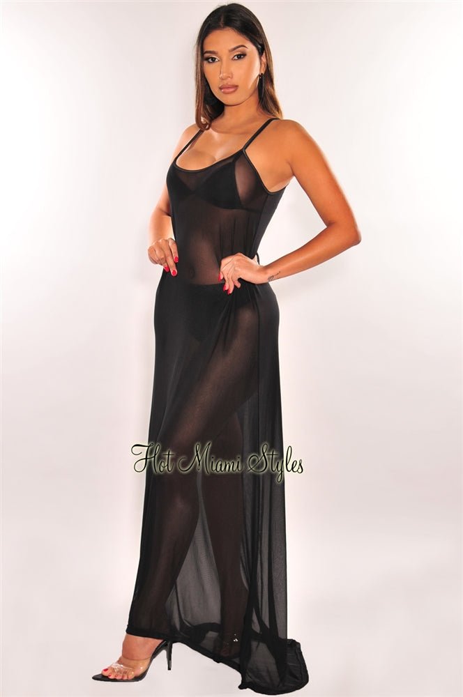Silver Sequins Tie Up Back Slit Maxi Dress - Hot Miami Styles  Tagged " black"