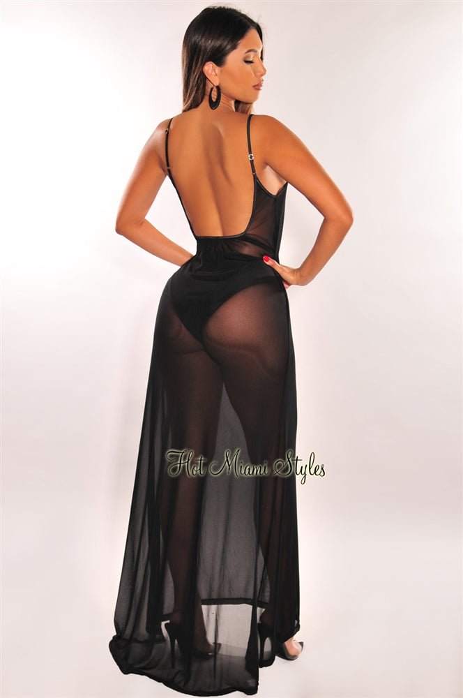 mesh see through maxi dress Black Mesh Sheer Spaghetti Straps Maxi Dress Cover Up