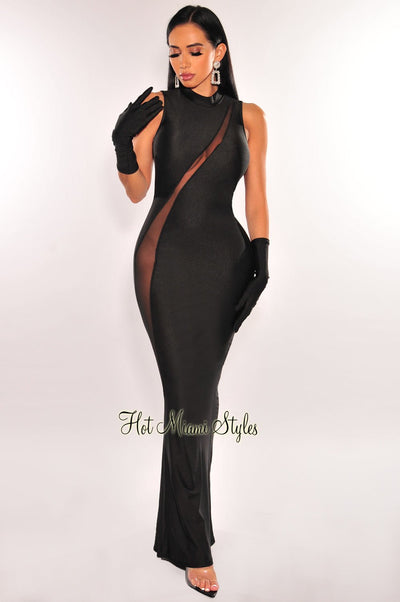 Black Mesh Sleeveless Mock Neck Mermaid Gown + Gloves - Hot Miami Styles