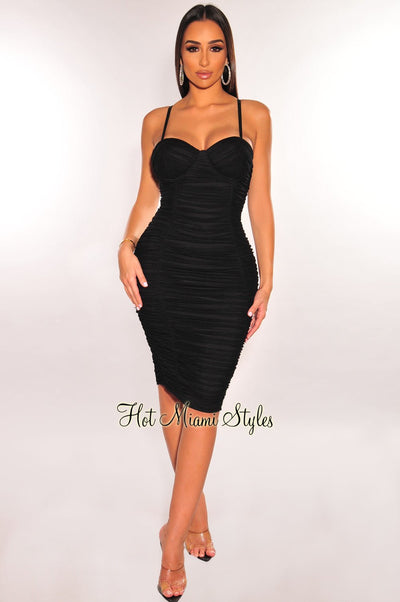 Black Mesh Spaghetti Straps Padded Ruched Dress - Hot Miami Styles