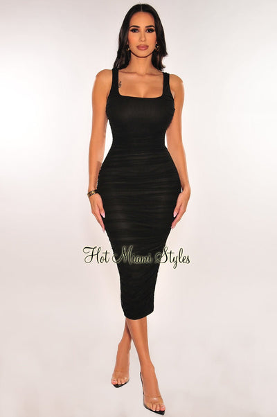 Black Mesh Square Neck Sleeveless Ruched Slit Dress - Hot Miami Styles