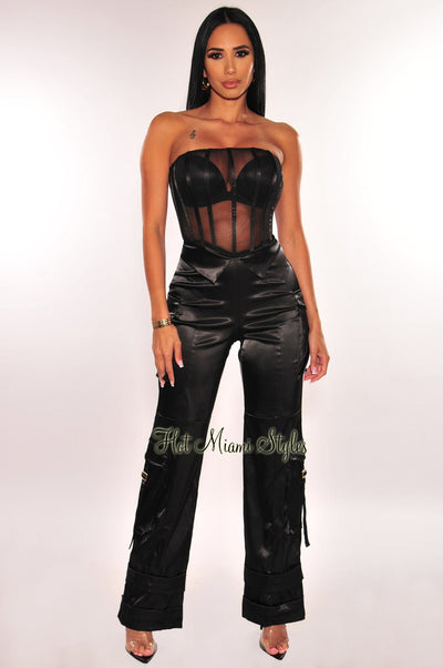 Black Mesh Strapless Boned Bustier Silky Cargo Jumpsuit - Hot Miami Styles