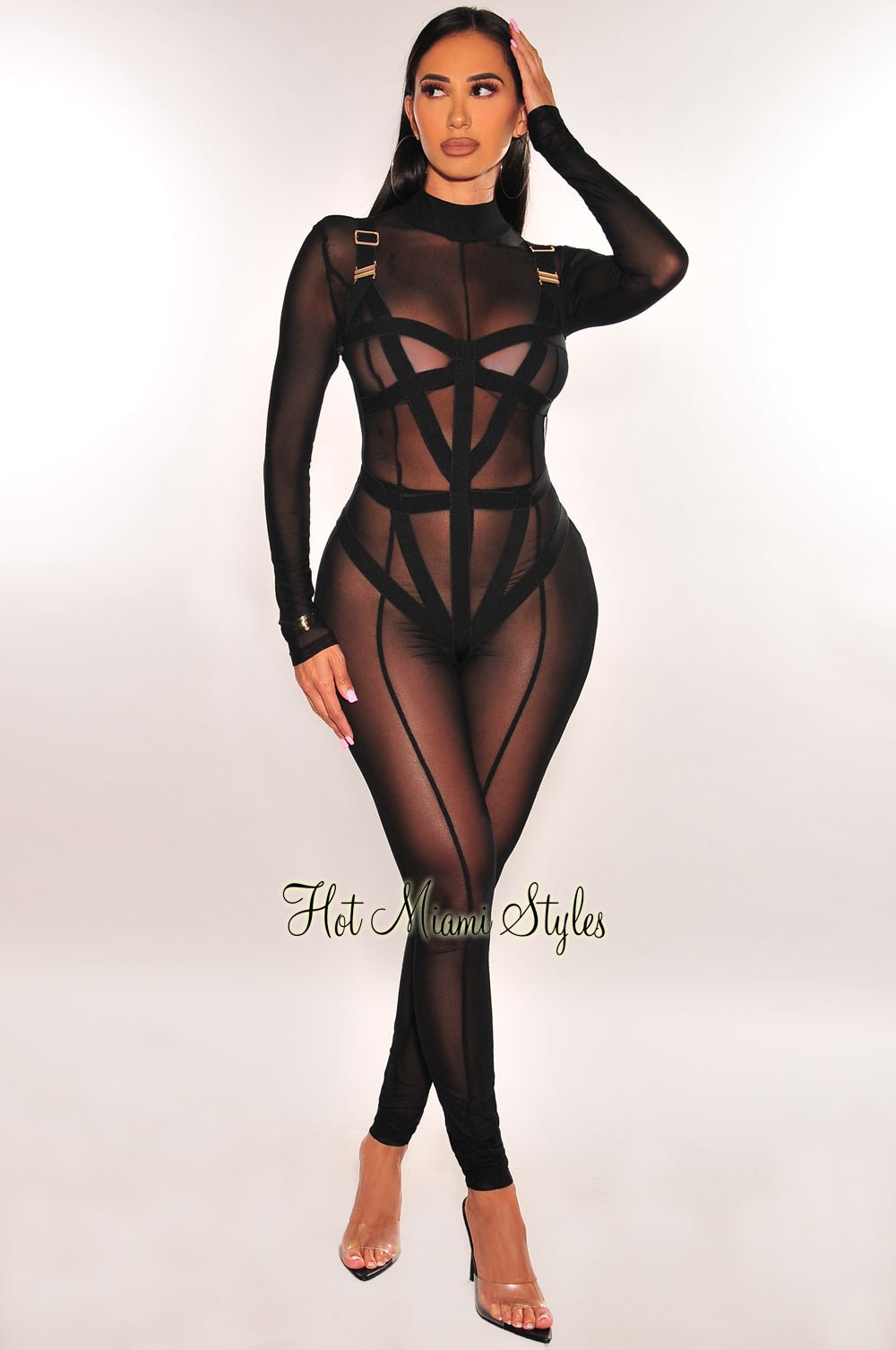 Black Mesh Strappy Bodysuit Long Sleeve Jumpsuit Two Piece Set – Hot Miami  Styles