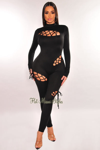 Black Mock Neck Cut Out Lace Up Long Sleeve Jumpsuit - Hot Miami Styles