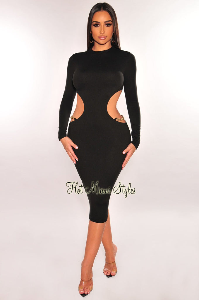 Black Mock Neck Gold Chain Cut Out Long Sleeve Dress