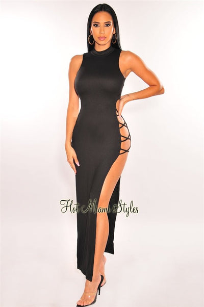 Black Mock Neck Lace Up Double Side Slit Dress - Hot Miami Styles