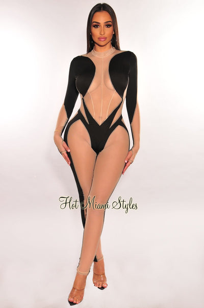 Black Mock Neck Nude Sheer Mesh Long Sleeve Jumpsuit - Hot Miami Styles
