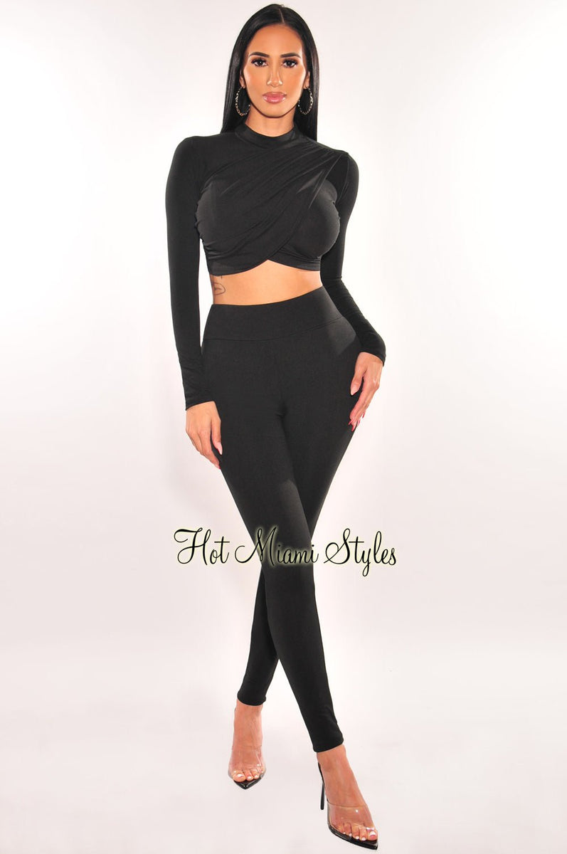 Black Mock Neck Overlay Long Sleeve Pants Two Piece Set - Hot Miami Styles