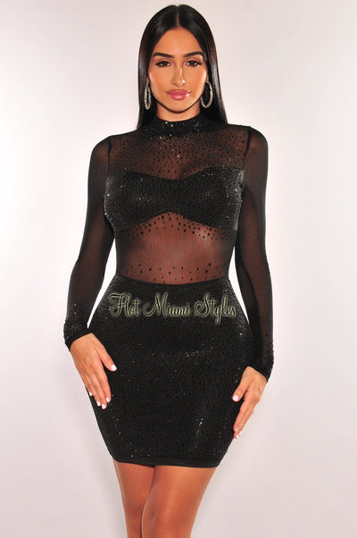 Black Mock Neck Rhinestone Mesh Long Sleeves Dress - Hot Miami Styles
