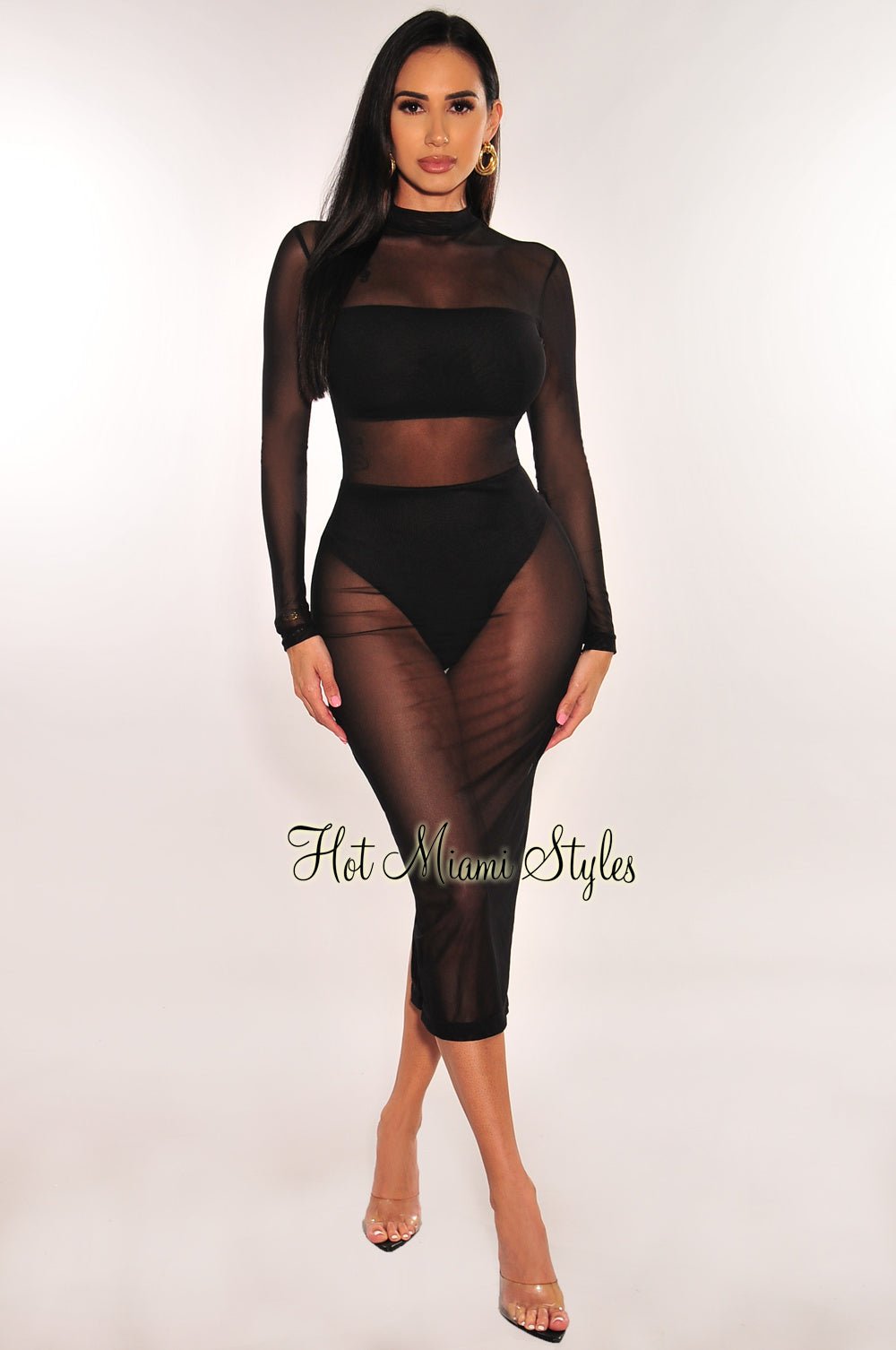 Black Mesh Mock Neck Sheer Cut Out Long Sleeve Dress - Hot Miami Styles