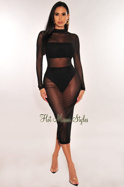 Black Mock Neck Sheer Mesh Long Sleeve Dress - Hot Miami Styles