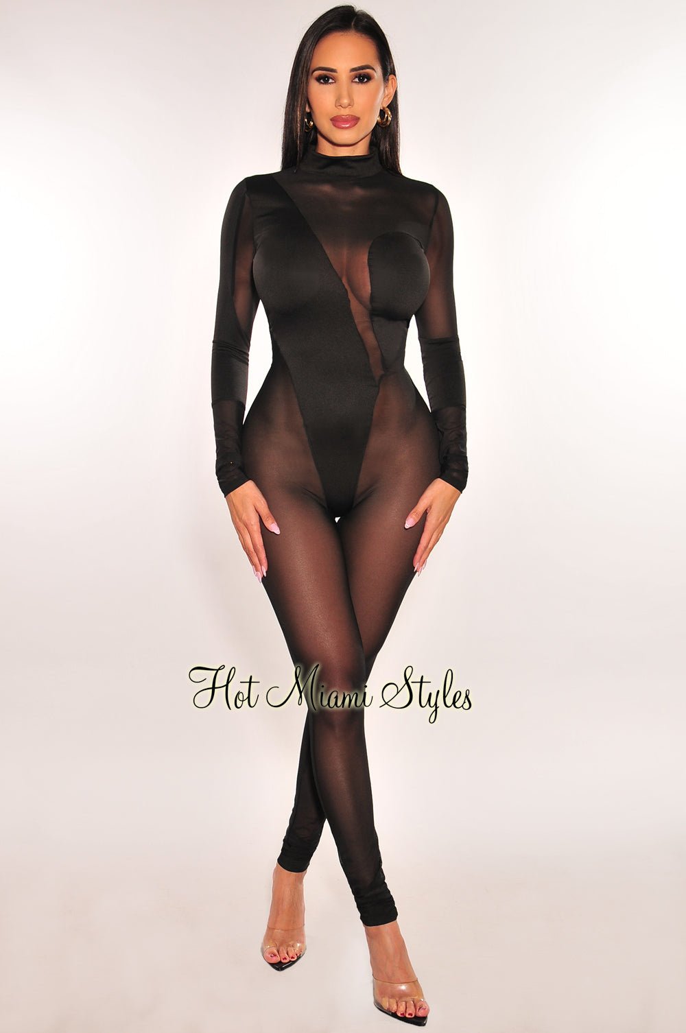 Black Mock Neck Sheer Mesh Long Sleeve Jumpsuit Hot Miami Styles