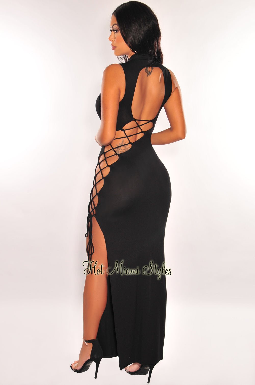 Black Mock Neck Sleeveless Lace Up Back Dress - Hot Miami Styles Black Mock Neck Sleeveless Lace Up Back Dress - Hot Miami Styles