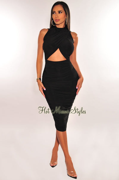 Black Mock Neck Sleeveless Overlay Cut Out Ruched Dress - Hot Miami Styles