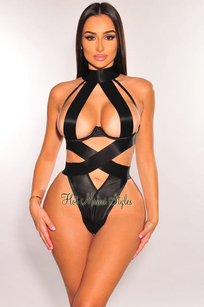 Black Mock Neck Underwire Strappy Cut Out High Cut Bodysuit Lingerie - Hot Miami Styles