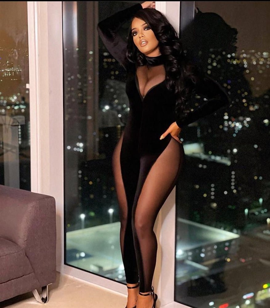 Black Mock Neck Velour Mesh Long Sleeve Jumpsuit - Hot Miami Styles