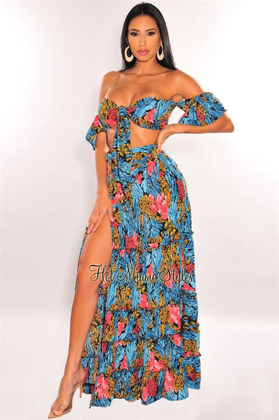 Black Multi Color Print Tie Up Wrap Maxi Skirt Two Piece Set - Hot Miami Styles