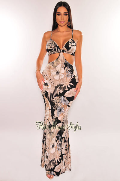 Black Multi Color Tropical Print Spaghetti Straps Cut Out Maxi Dress - Hot Miami Styles