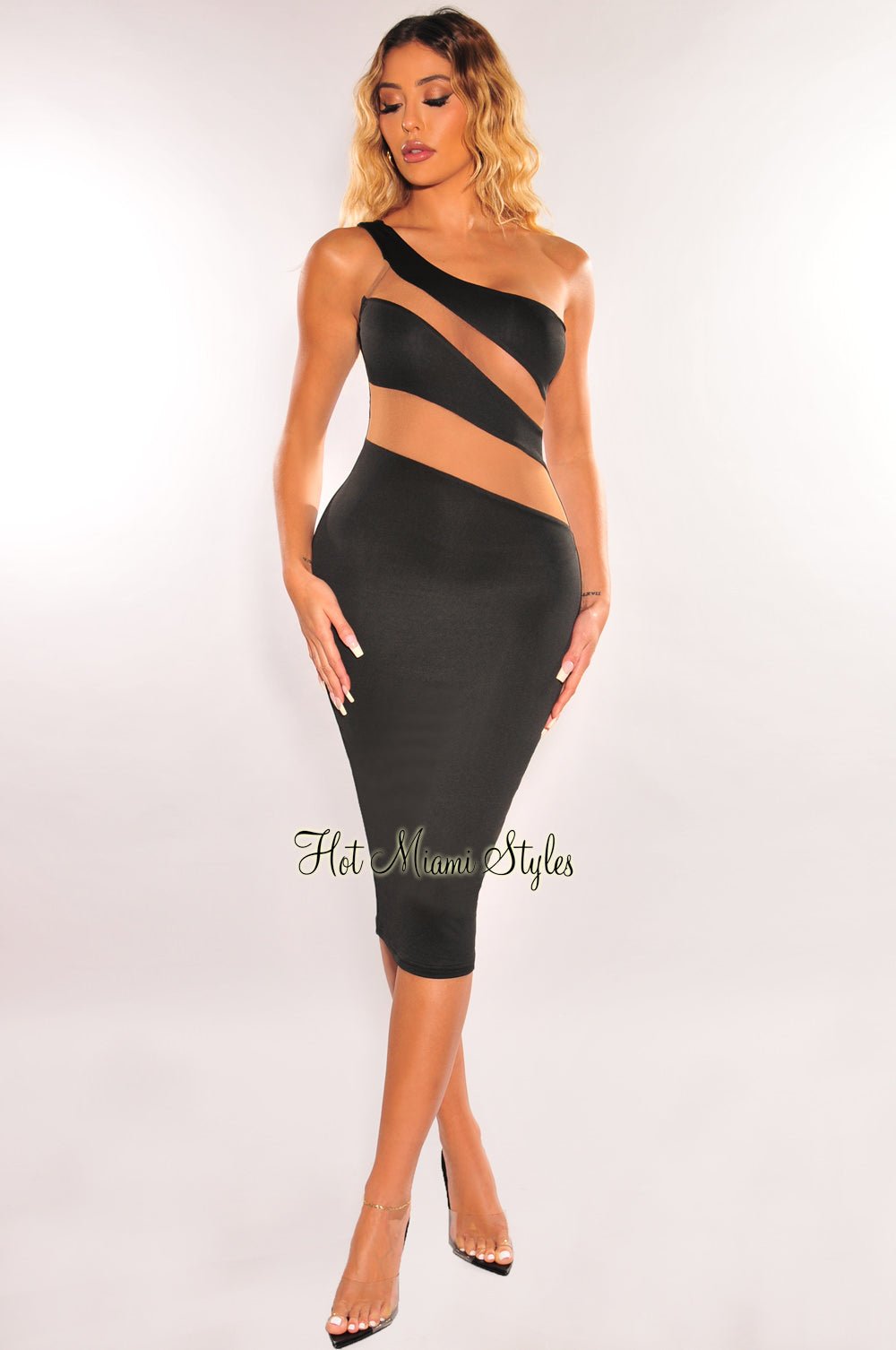 Black Nude Mesh Illusion One Shoulder Dress - Hot Miami Styles Black Nude Mesh Illusion One Shoulder Dress - Hot Miami Styles
