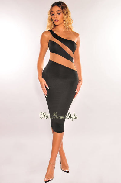 Black Nude Mesh Illusion One Shoulder Dress - Hot Miami Styles