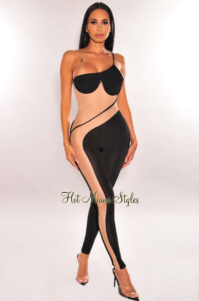 Black Nude Mesh One Shoulder Underwire Sheer Jumpsuit - Hot Miami Styles