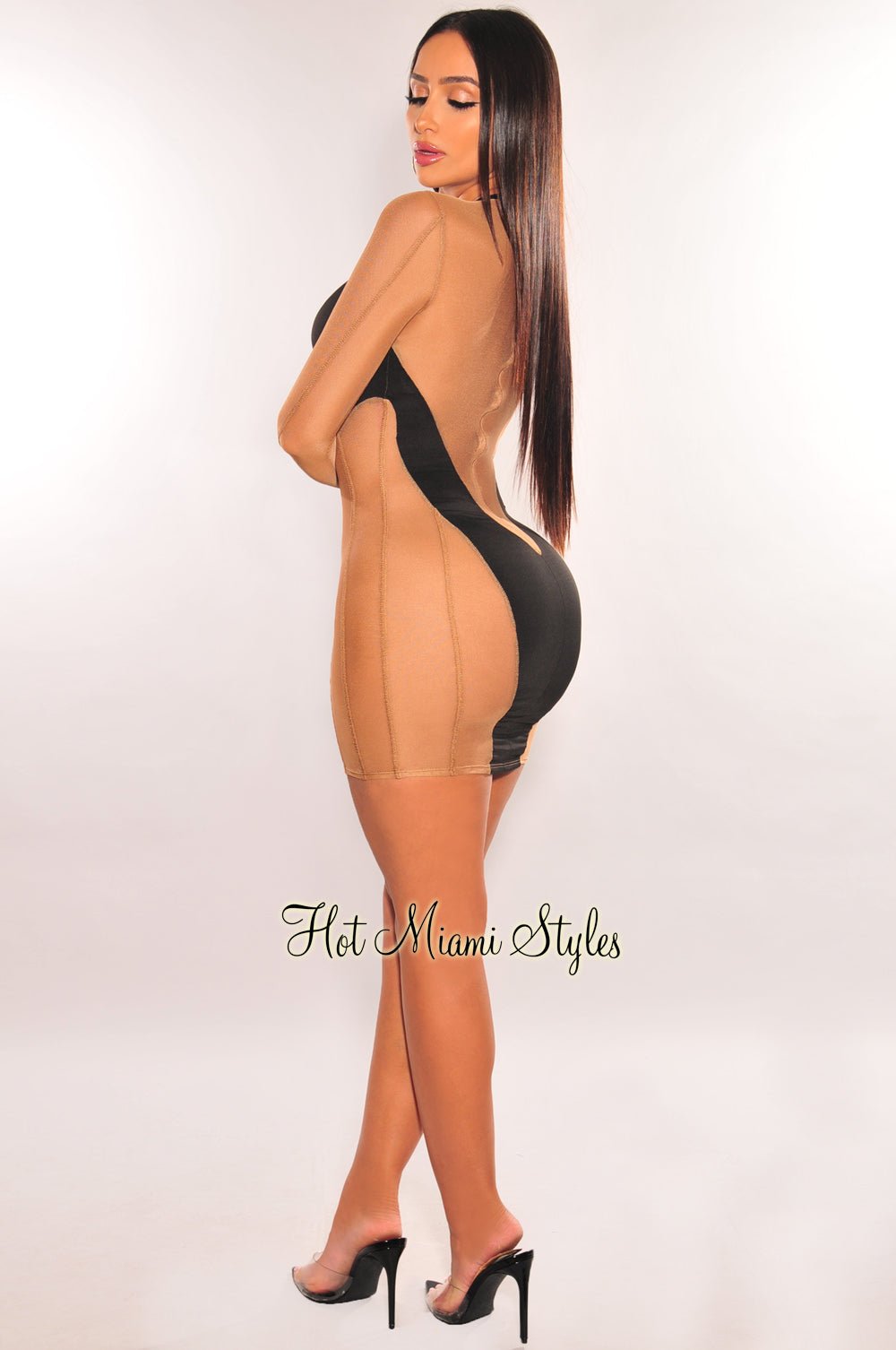 Black Nude Mesh Sheer Long Sleeve Mini Dress - Hot Miami Styles