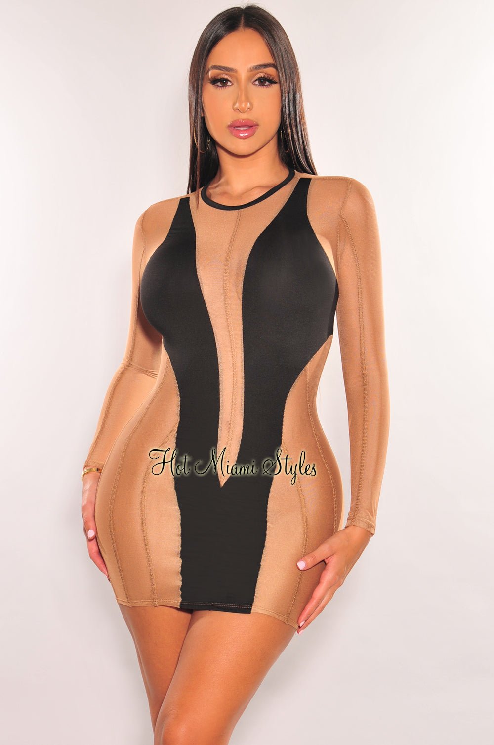Black Nude Mesh Sheer Long Sleeve Mini Dress - Hot Miami Styles Black Nude Mesh Sheer Long Sleeve Mini Dress - Hot Miami Styles