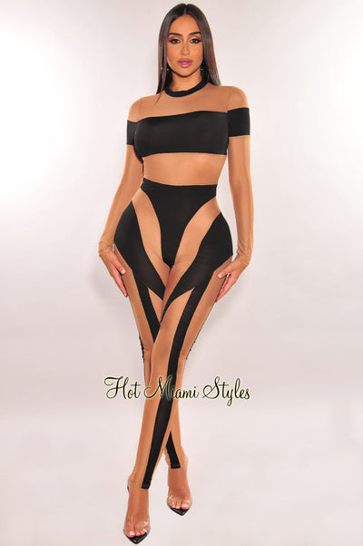 Black Nude Mock Neck Sheer Mesh Long Sleeve Jumpsuit - Hot Miami Styles