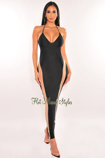 Black Nude Sheer Mesh V Neck Halter Dress - Hot Miami Styles