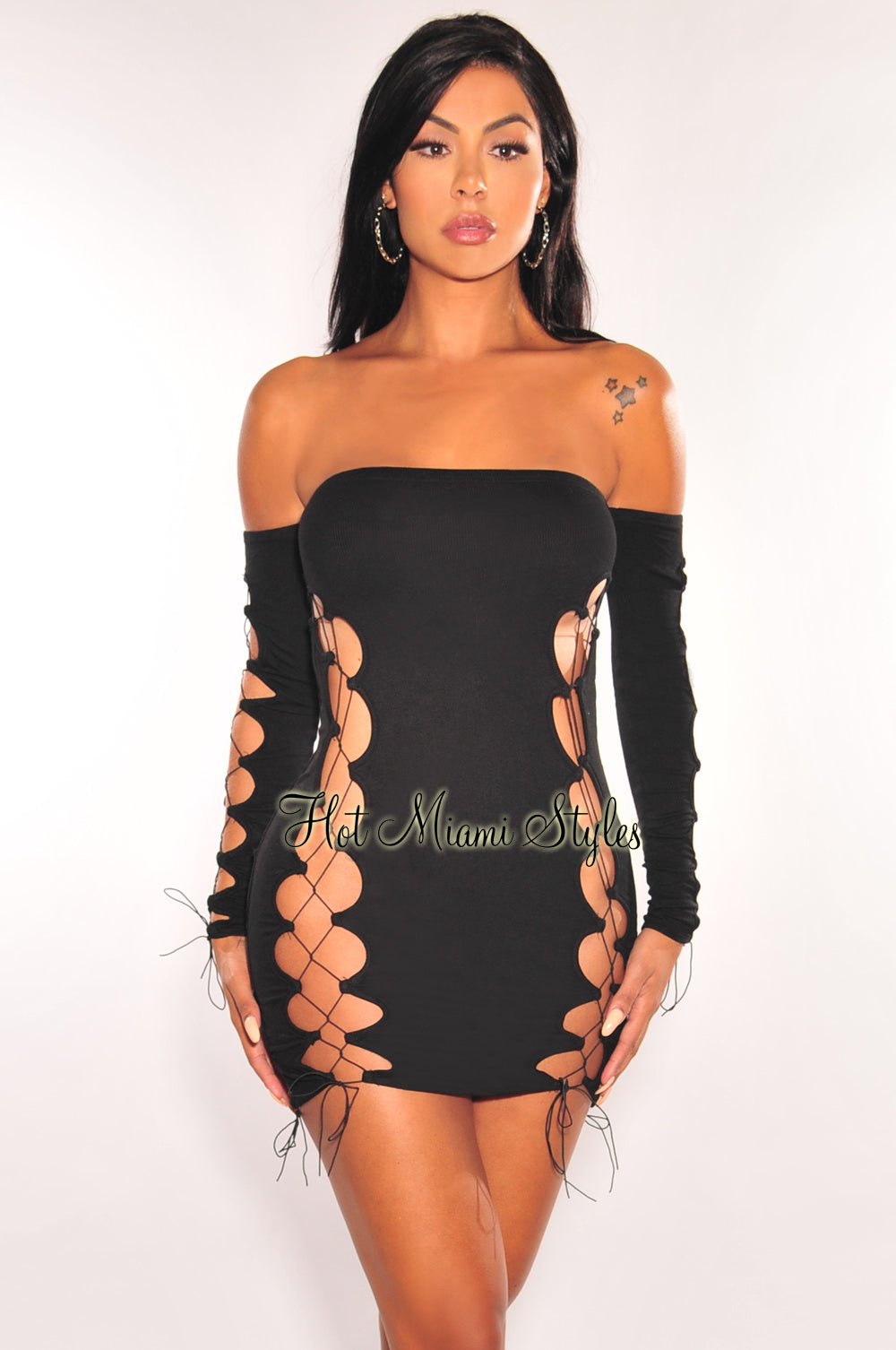 Black Off Shoulder Long Sleeve Lace Up Mini Dress Black Off Shoulder Long Sleeve Lace Up Mini Dress