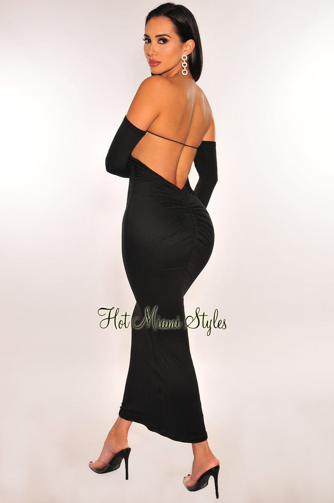 Black Off Shoulder Long Sleeve Ruched Open Back Midi Dress – Hot Miami  Styles