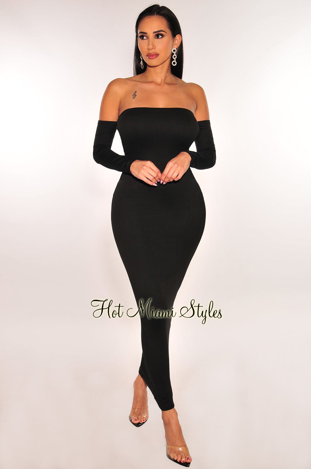 Black Off Shoulder Long Sleeve Scrunch Butt Open Back Midi Dress Hot Miami Styles Black Off Shoulder Long Sleeve Scrunch Butt Open Back Midi Dress Hot Miami Styles