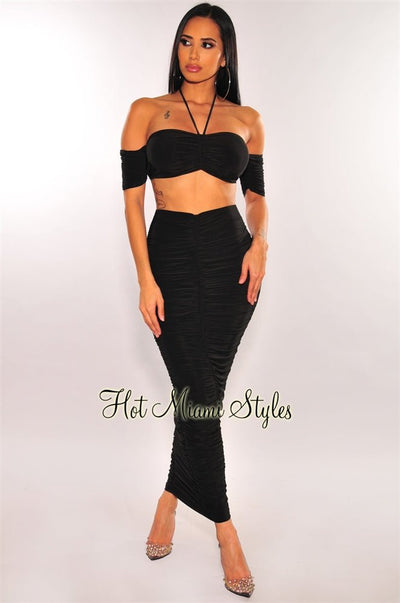 Black Off Shoulder Ruched Skirt Two Piece Set - Hot Miami Styles