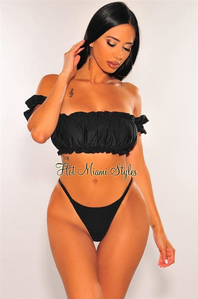 Black Off Shoulder Ruffle Scrunch Butt Bikini - Hot Miami Styles
