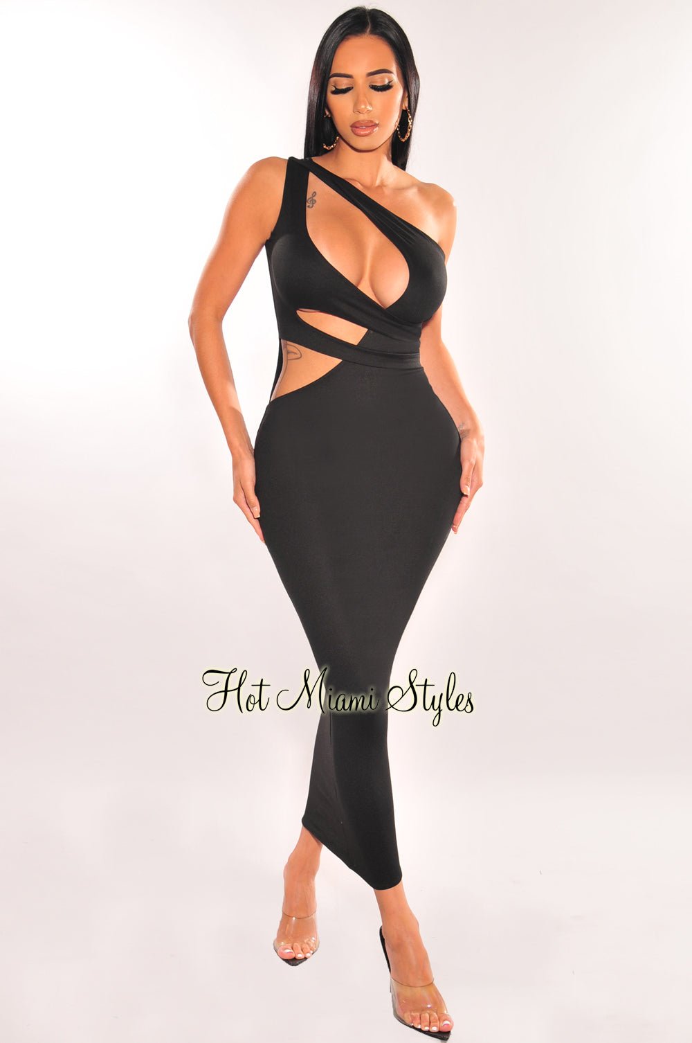 Black One Shoulder Cut Out Midi Dress Large Black One Shoulder Cut Out Midi Dress Large