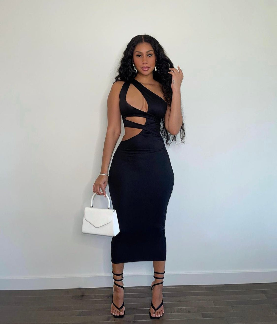 Black One Shoulder Cut Out Midi Dress Large Black One Shoulder Cut Out Midi Dress Large