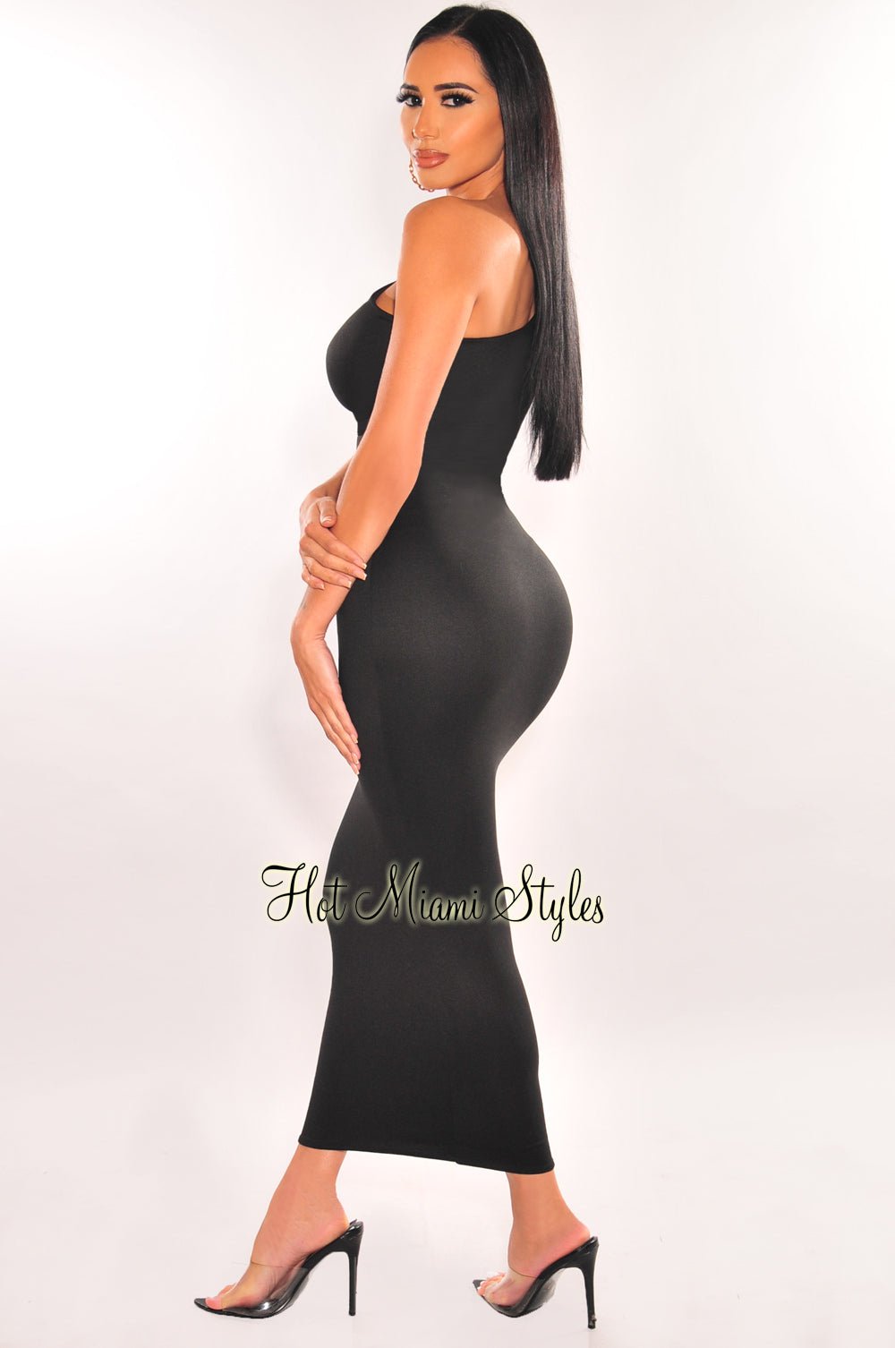 Black One Shoulder Cut Out Midi Dress – Hot Miami Styles
