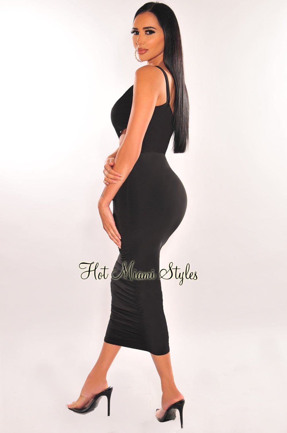 one shoulder cut out ruched bodycon dress Black drawing attention to your
