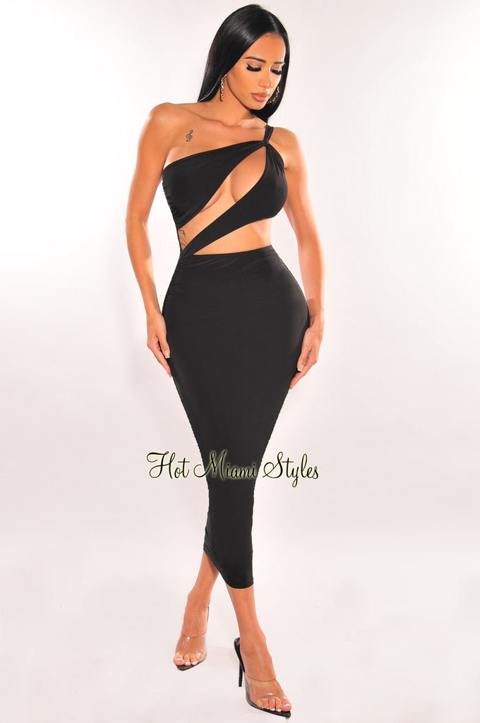 black one shoulder cut out ring slit dress Ruched a striking cut