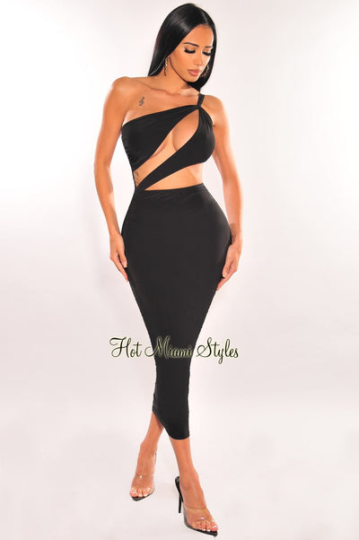 one shoulder ruched irregular dress One shoulder irregular hollow out ruched cut out maxi dress