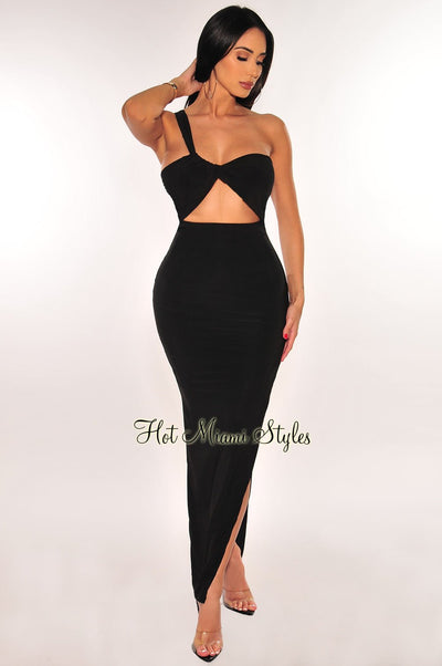 Black One Shoulder Cut Out Slit Maxi Dress - Hot Miami Styles