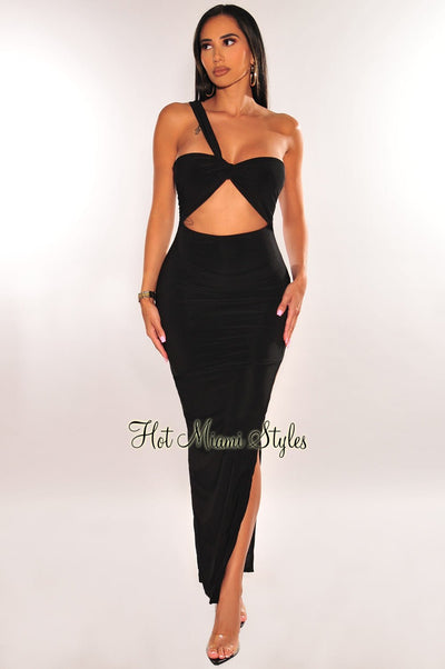 Black One Shoulder Cut Out Slit Maxi Dress - Hot Miami Styles