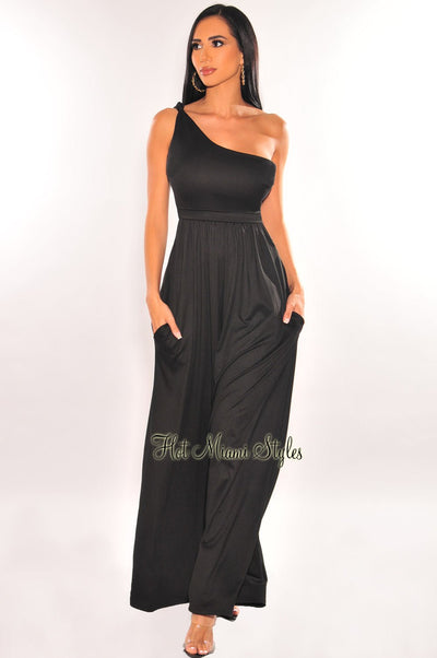 Black One Shoulder Sleeveless Palazzo Jumpsuit - Hot Miami Styles