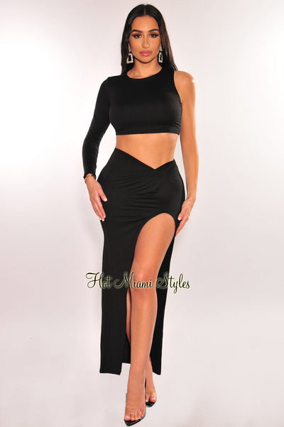 Black One Sleeve Round Neck Slit Skirt Two Piece Set - Hot Miami Styles